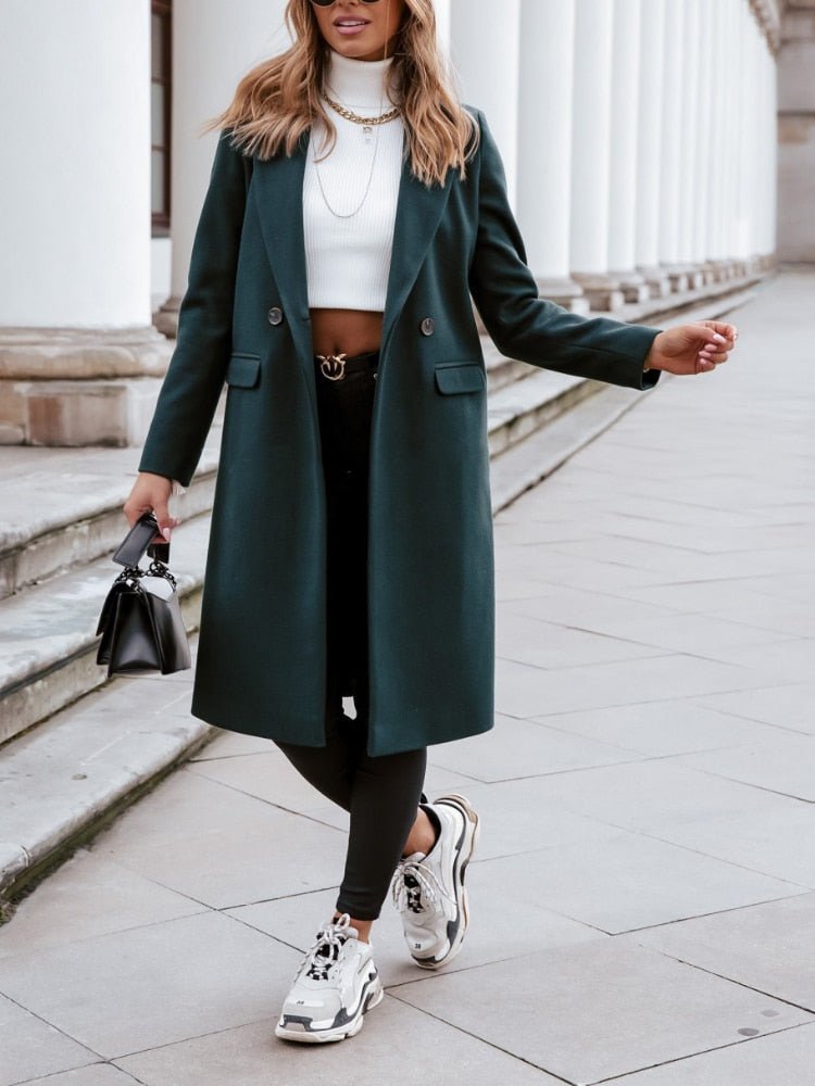 Damen Winterjacke Lang Elegant mit Reverskragen und Taschen