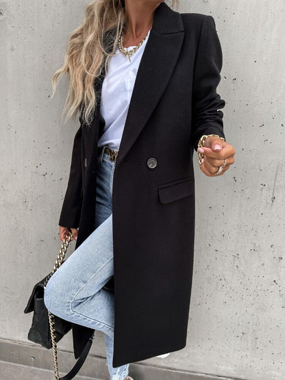 Damen Winterjacke Lang Elegant mit Reverskragen und Taschen