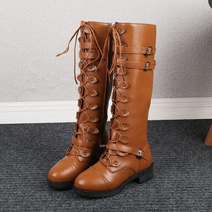 Modische Retro-Stiefel Flach Schnalle Schnürsenkel