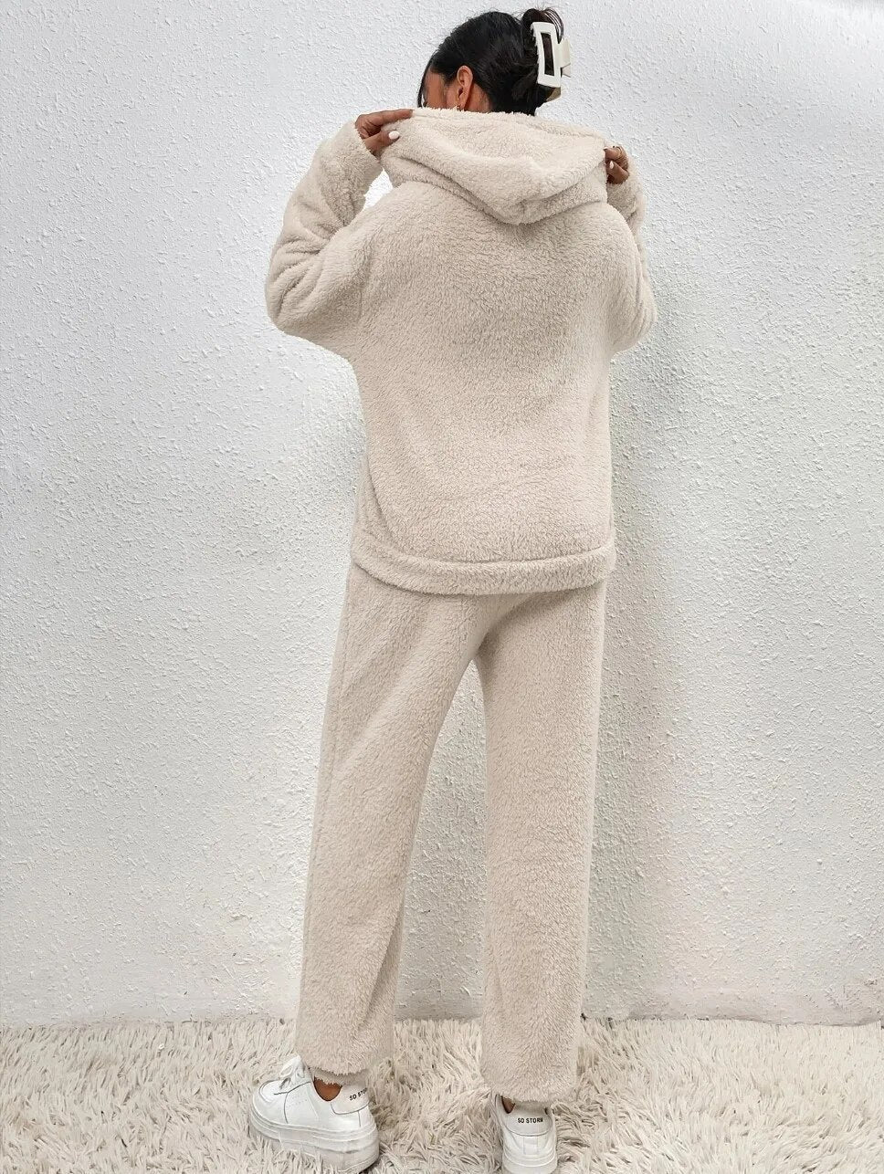 Weiche Teddyjacke Damen Loungewear Set mit Kapuze - IdealeKleiden