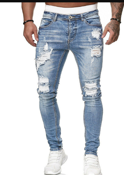 Schmale Herrenjeans Blau Zerrissen