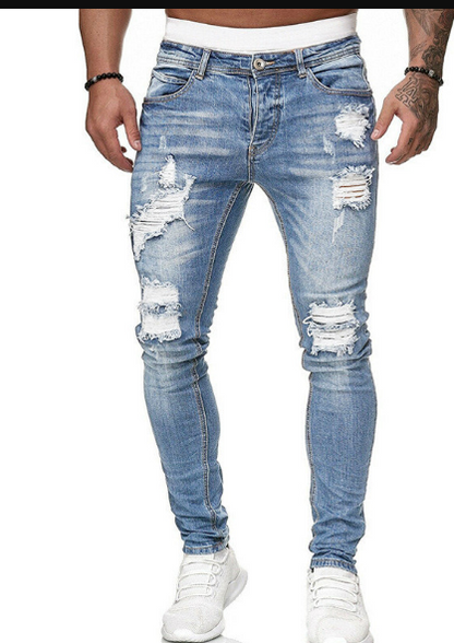 Schmale Herrenjeans Blau Zerrissen