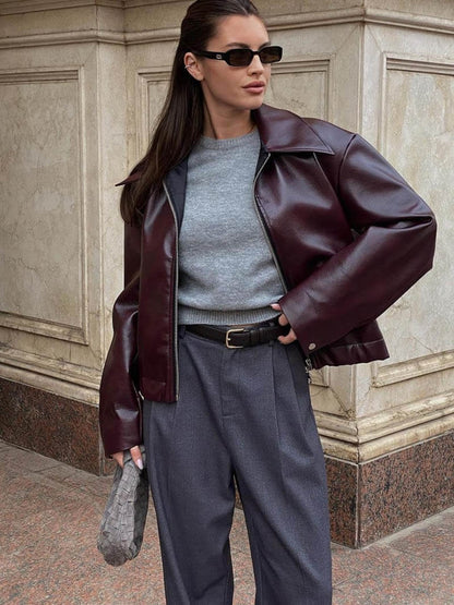 Stylische Lederjacke Damen Schwarz Lederoberfläche - IdealeKleiden