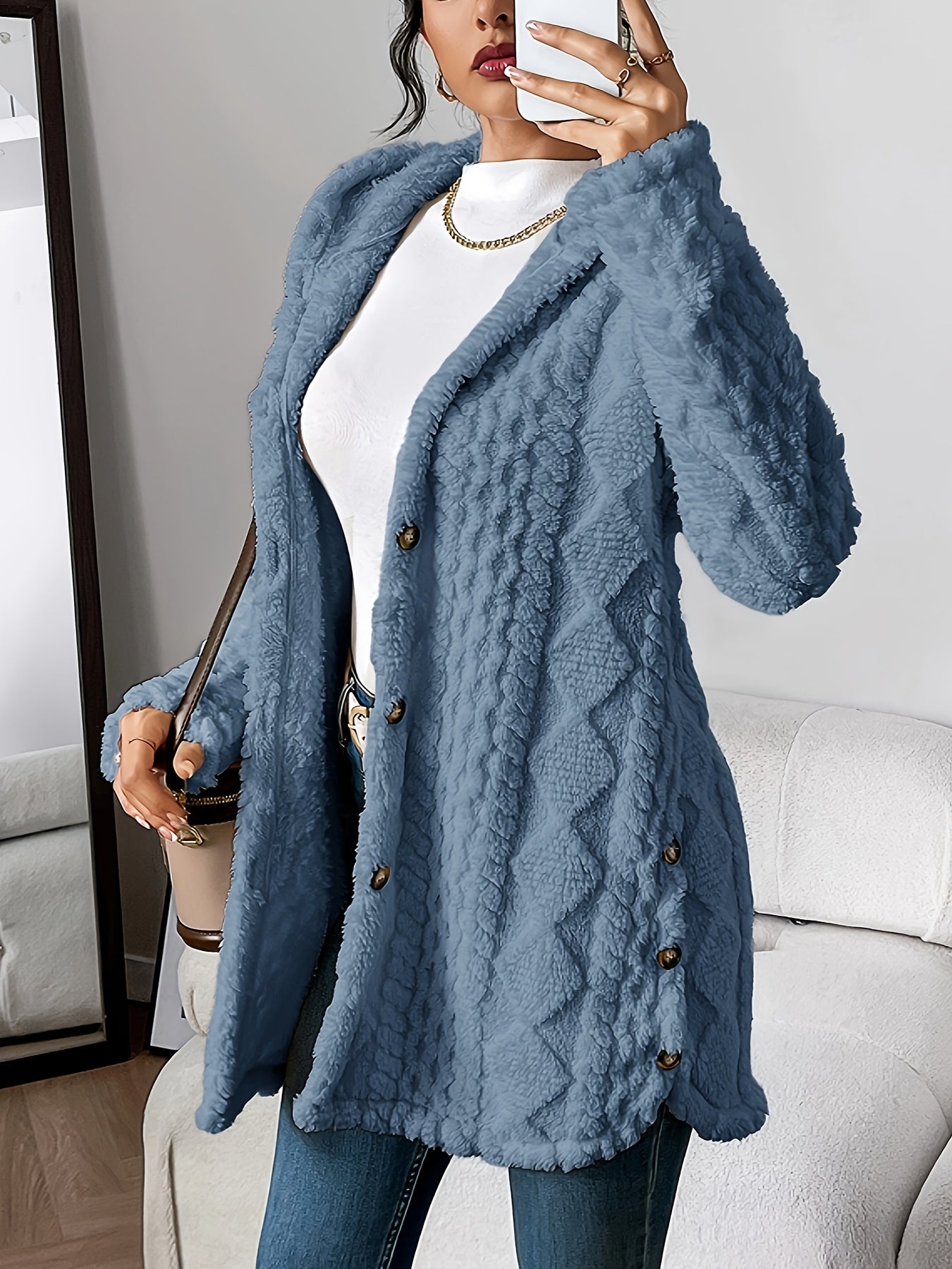 Damen Teddyjacke Warm Kapuze Knopf