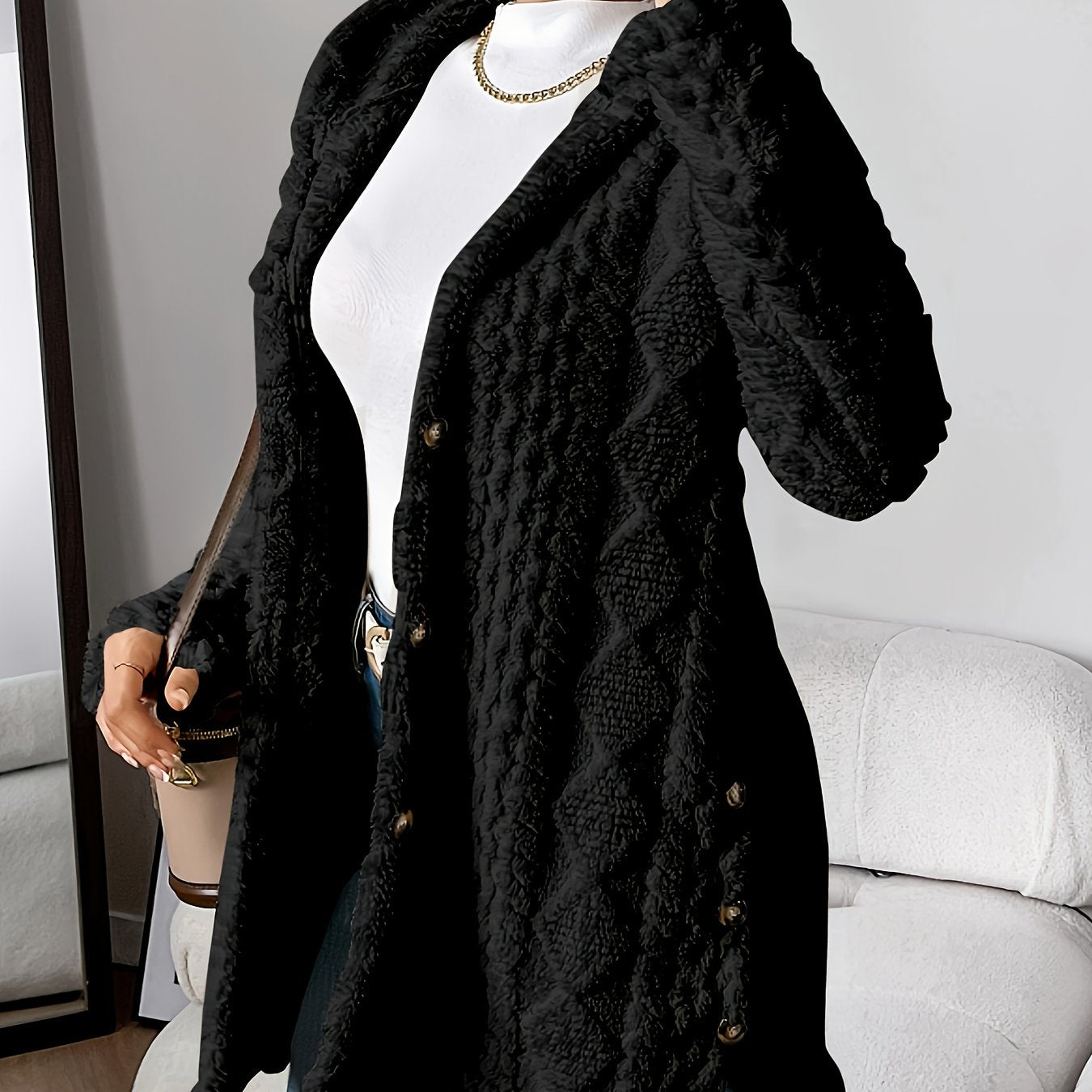 Damen Teddyjacke Warm Kapuze Knopf