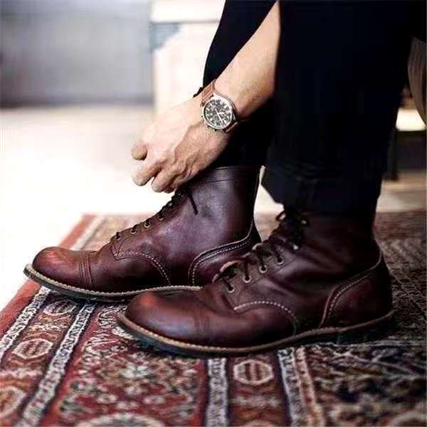 Herren Stiefel Retro Leder Braun Schnürstiefel