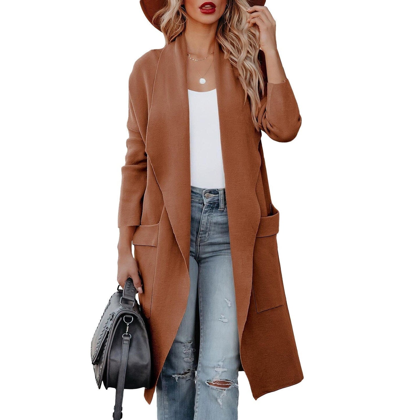 Damen Cardigan Lange Offene Vorderseite Mit Taschen