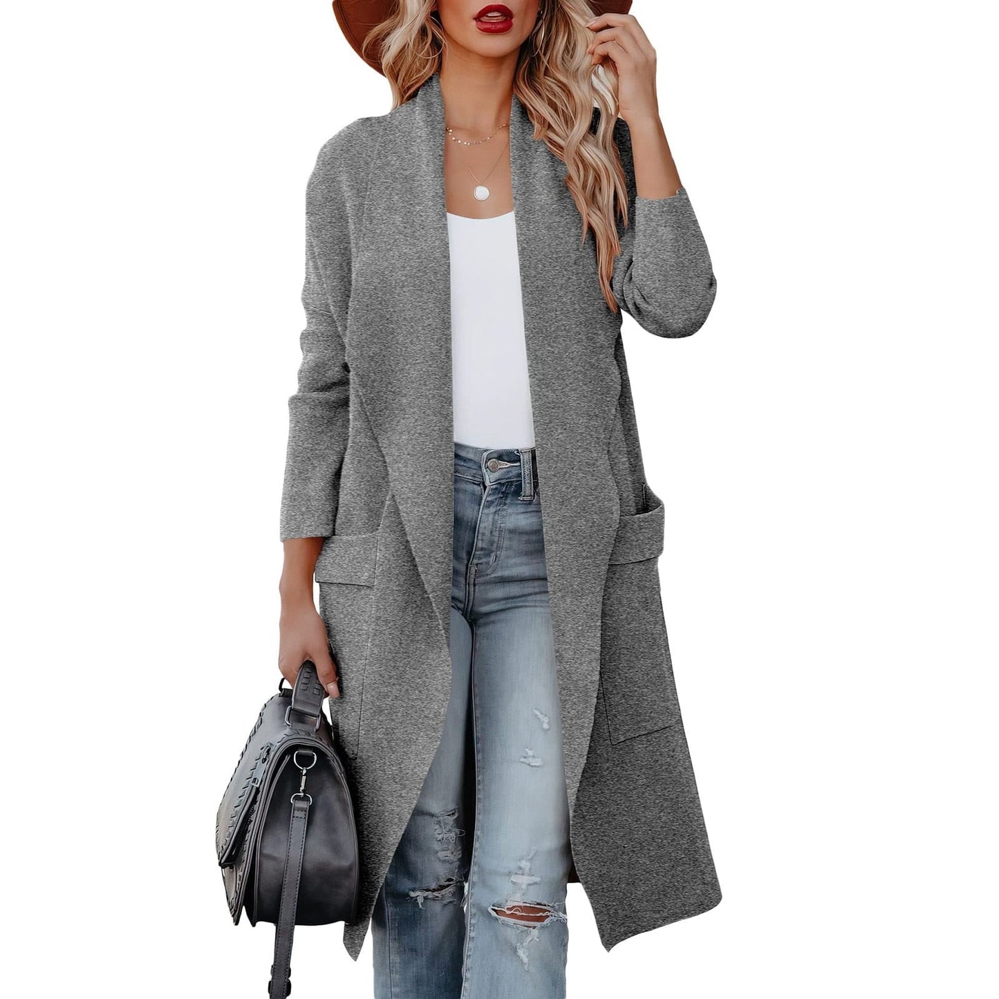 Damen Cardigan Lange Offene Vorderseite Mit Taschen