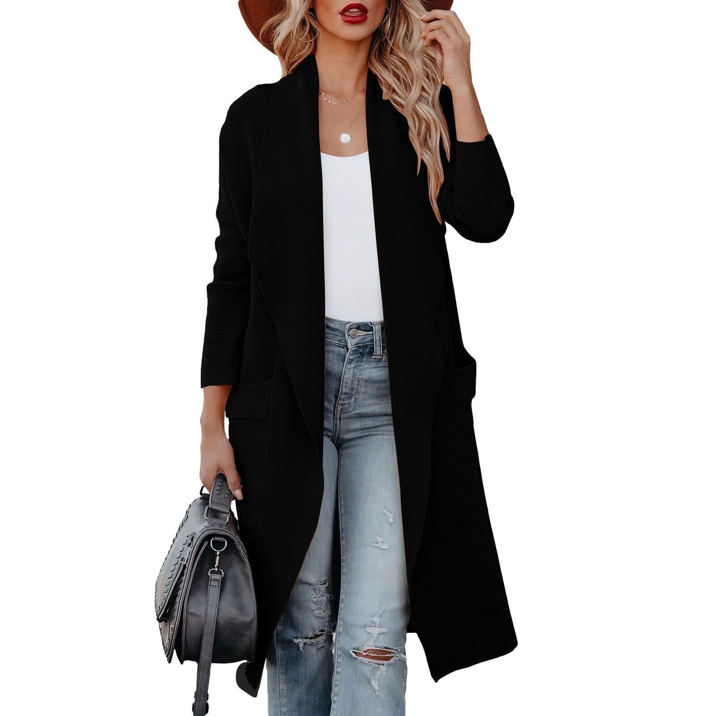 Damen Cardigan Lange Offene Vorderseite Mit Taschen