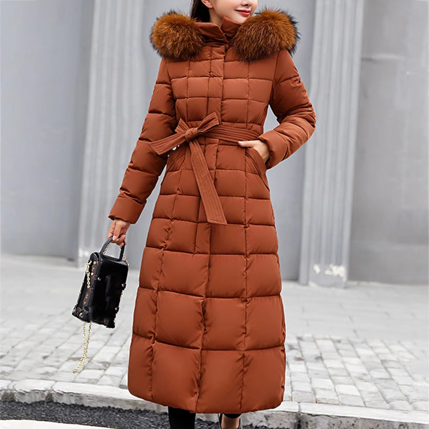 Damen Winterjacke Lang Elegant Pelzdetail
