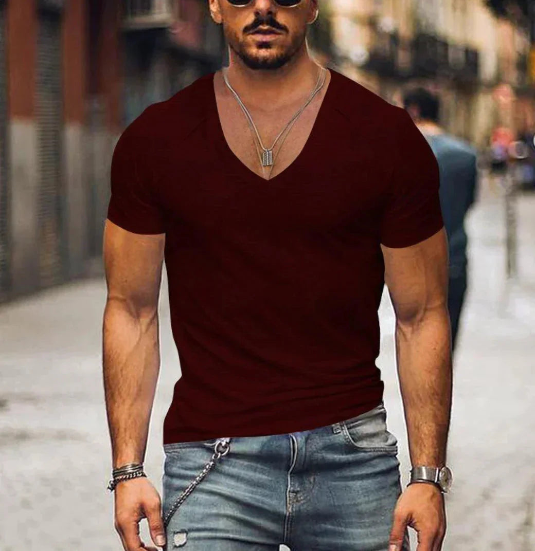 Herren T-Shirt Slim Fit V-Ausschnitt Kurzarm - IdealeKleiden