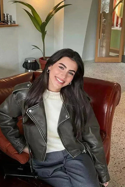 Modische Lederjacke Damen Kurz - IdealeKleiden