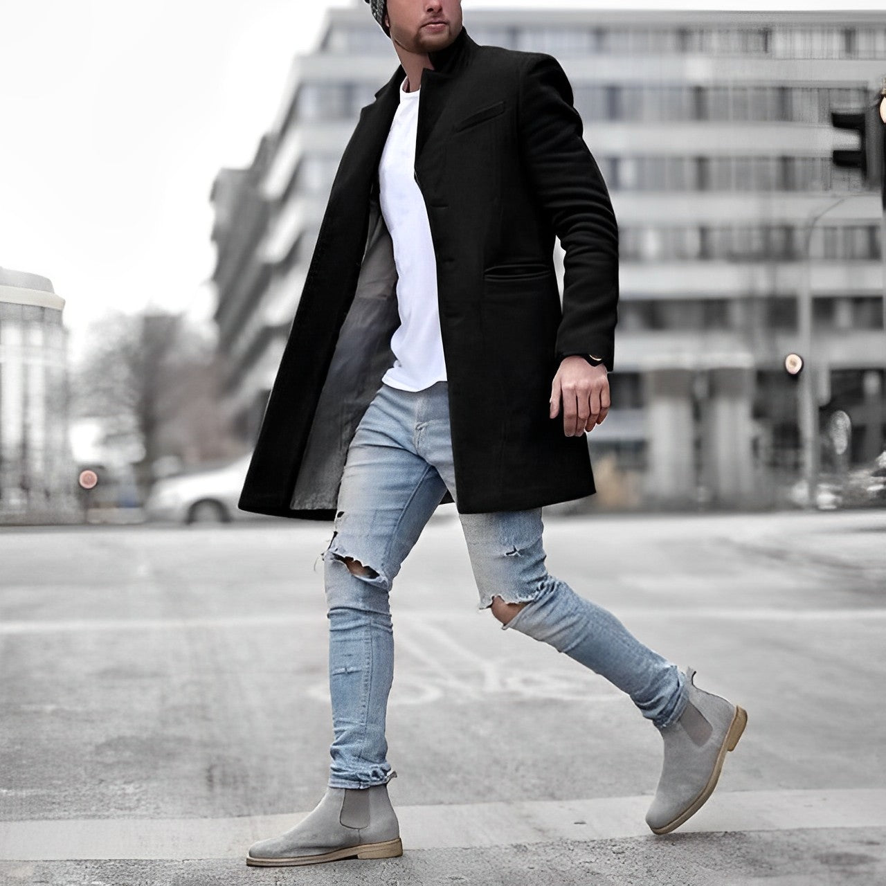 Herren Übermantel Lang Schwarz Elegent