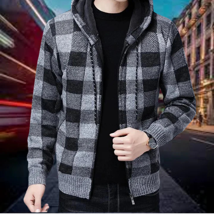 Herren Strickjacke Karo Kapuze Qualität