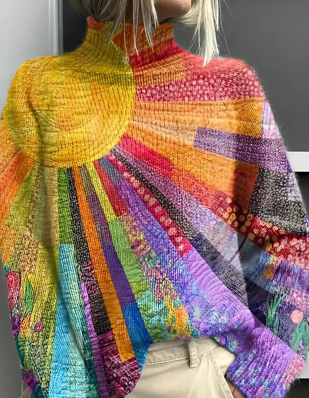 Damen Pullover Bunt Gemustert Hochkragen - IdealeKleiden