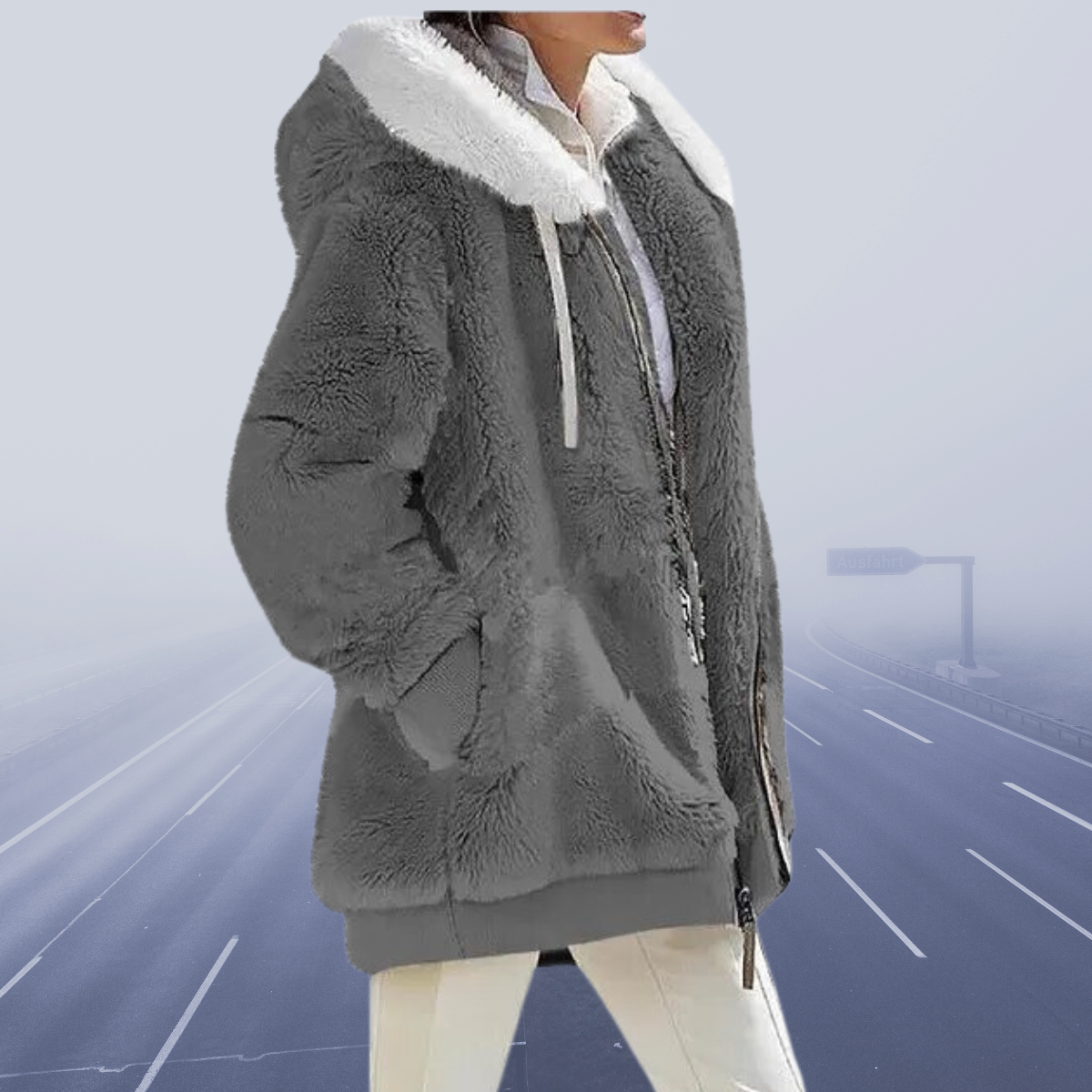 Kunstpelzjacke Damen Warm Kapuze Reißverschluss
