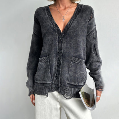 Damen Pullover Baumwolle V-Ausschnitt Taschen