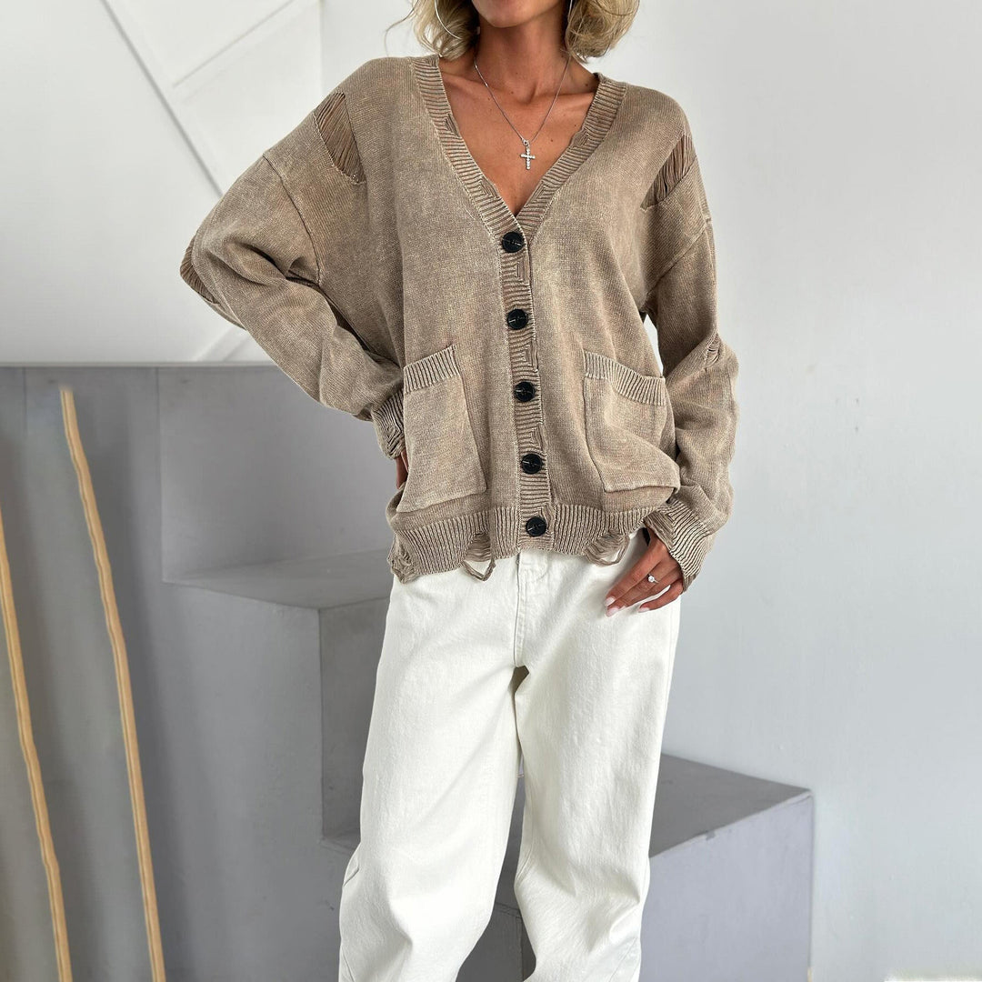Damen Pullover Baumwolle V-Ausschnitt Taschen