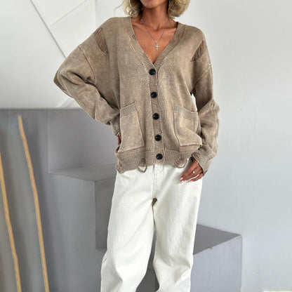 Damen Pullover Baumwolle V-Ausschnitt Taschen