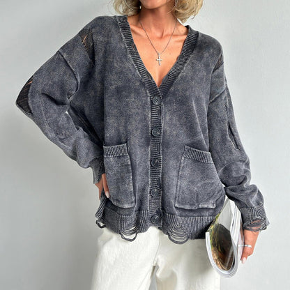 Damen Pullover Baumwolle V-Ausschnitt Taschen - IdealeKleiden
