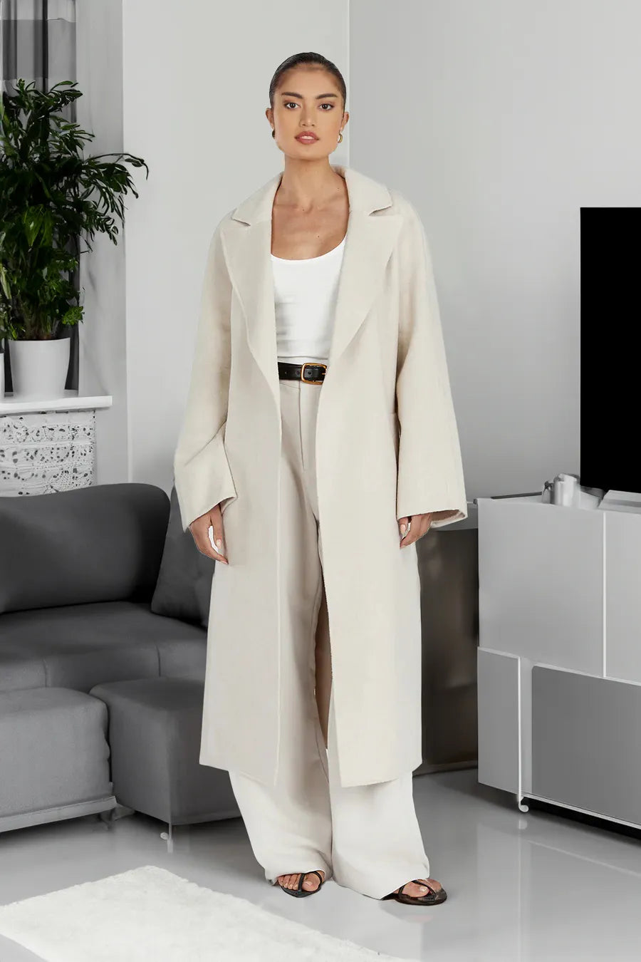 Damen Trenchcoat Lang Elegant Wollmantel