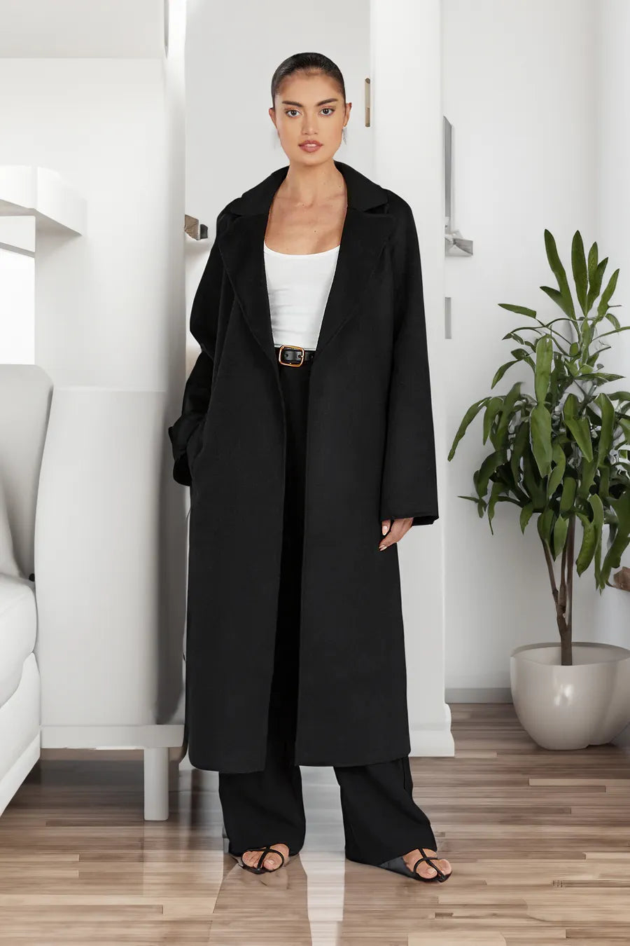 Damen Trenchcoat Lang Elegant Wollmantel