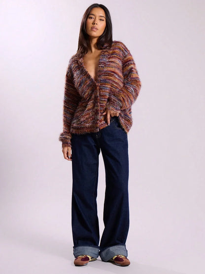 Damen Strickjacke Bunt Langärmlig Mit Knöpfen