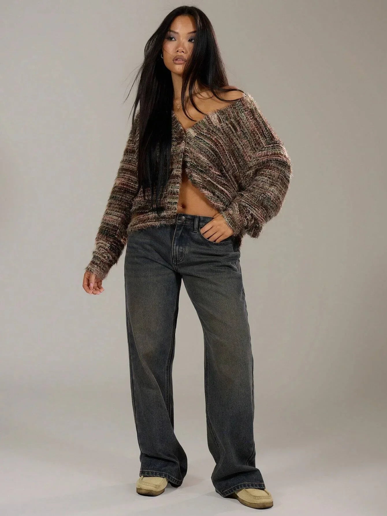 Damen Strickjacke Bunt Langärmlig Mit Knöpfen