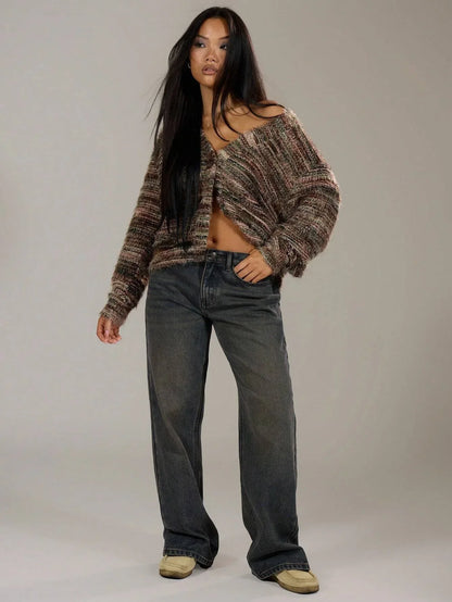 Damen Strickjacke Bunt Langärmlig Mit Knöpfen