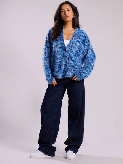 Damen Strickjacke Bunt Langärmlig Mit Knöpfen