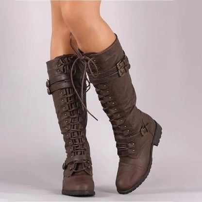 Modische Retro-Stiefel Flach Schnalle Schnürsenkel