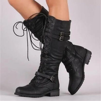 Modische Retro-Stiefel Flach Schnalle Schnürsenkel