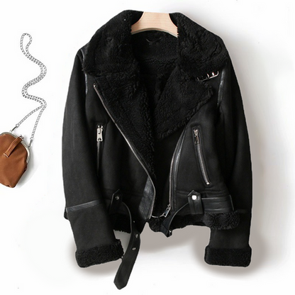 Lederjacke Damen Faux Pelz Bikerstyle Gürtel