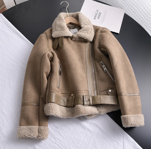 Lederjacke Damen Faux Pelz Bikerstyle Gürtel - IdealeKleiden