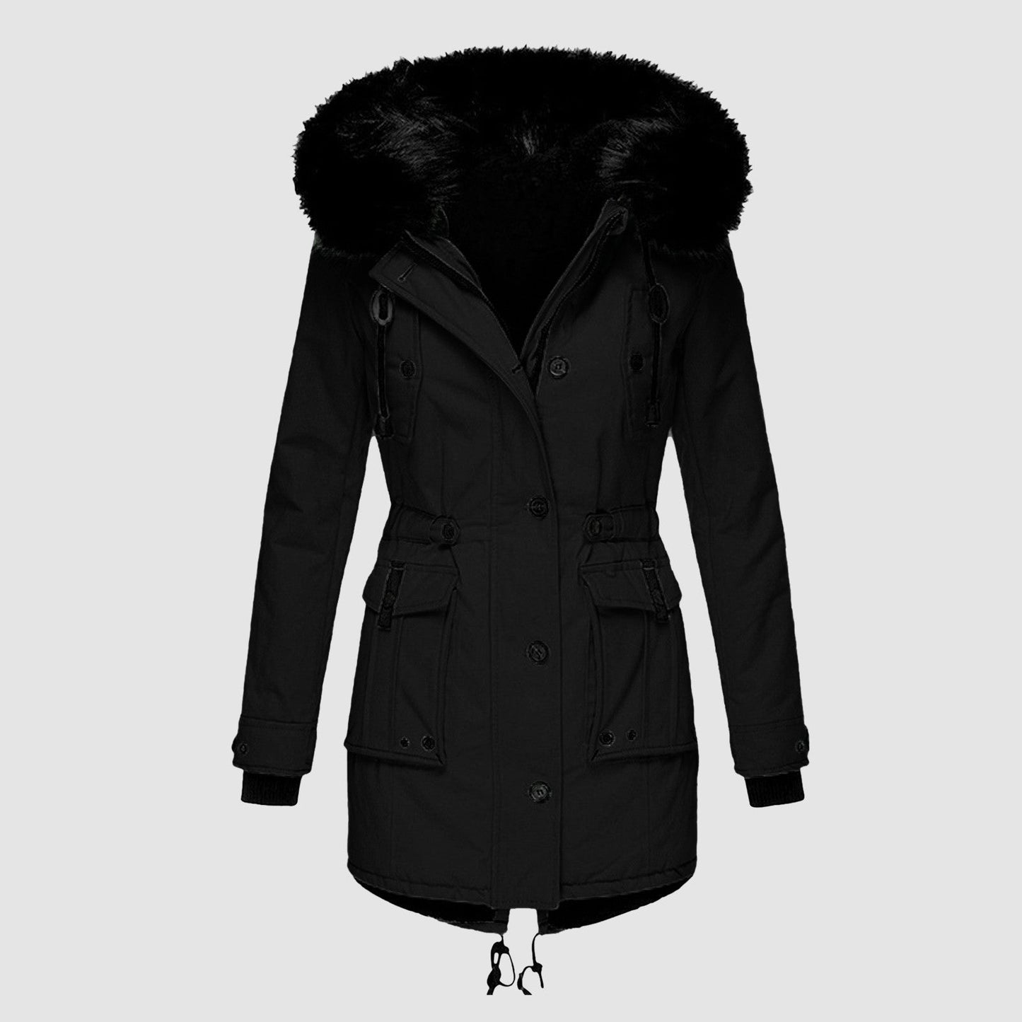 Stylischer Wintermantel mit Kapuze und Taille