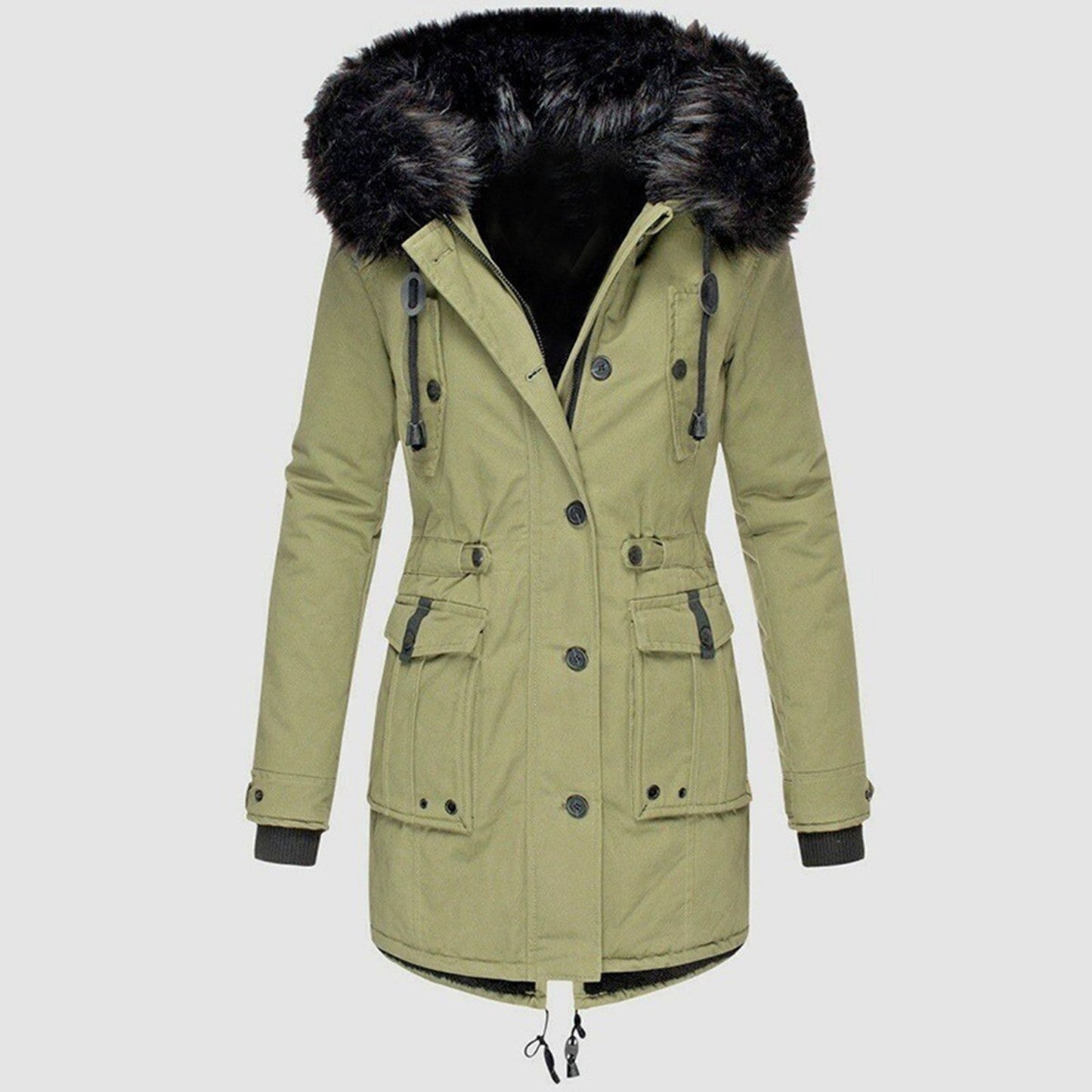 Stylischer Wintermantel mit Kapuze und Taille