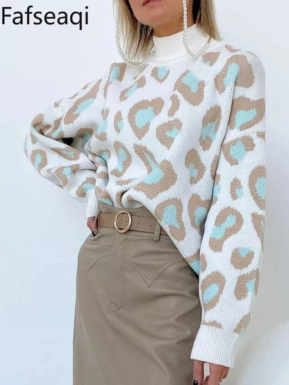 Dicke Rollkragenpullover Leopardenmuster Damen