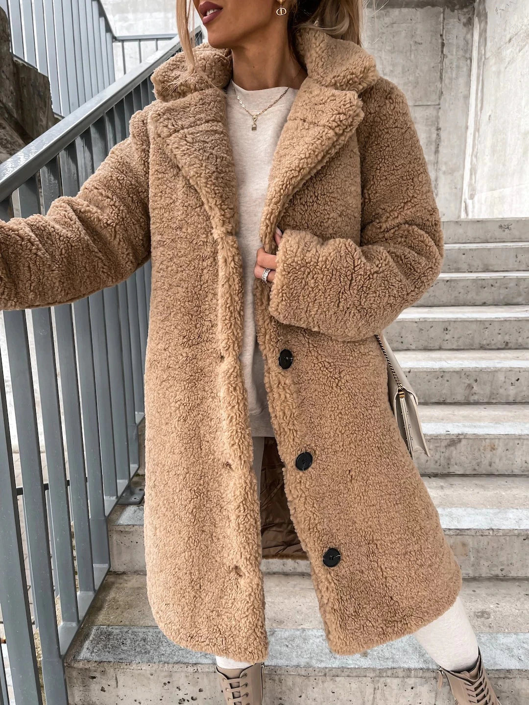 Langer Teddy-Mantel Weich Fleece Kapuze Knopfverschluss