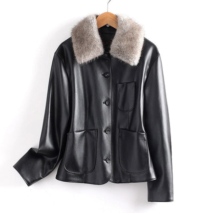 Lederjacke Damen Elegant Pelz Kragen Taschen