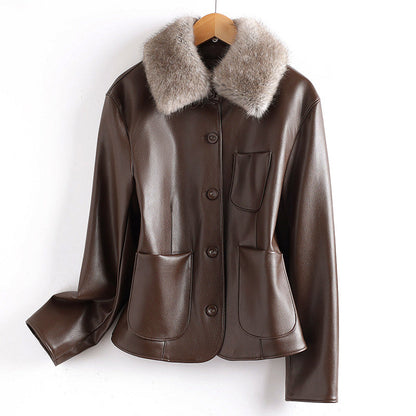 Lederjacke Damen Elegant Pelz Kragen Taschen