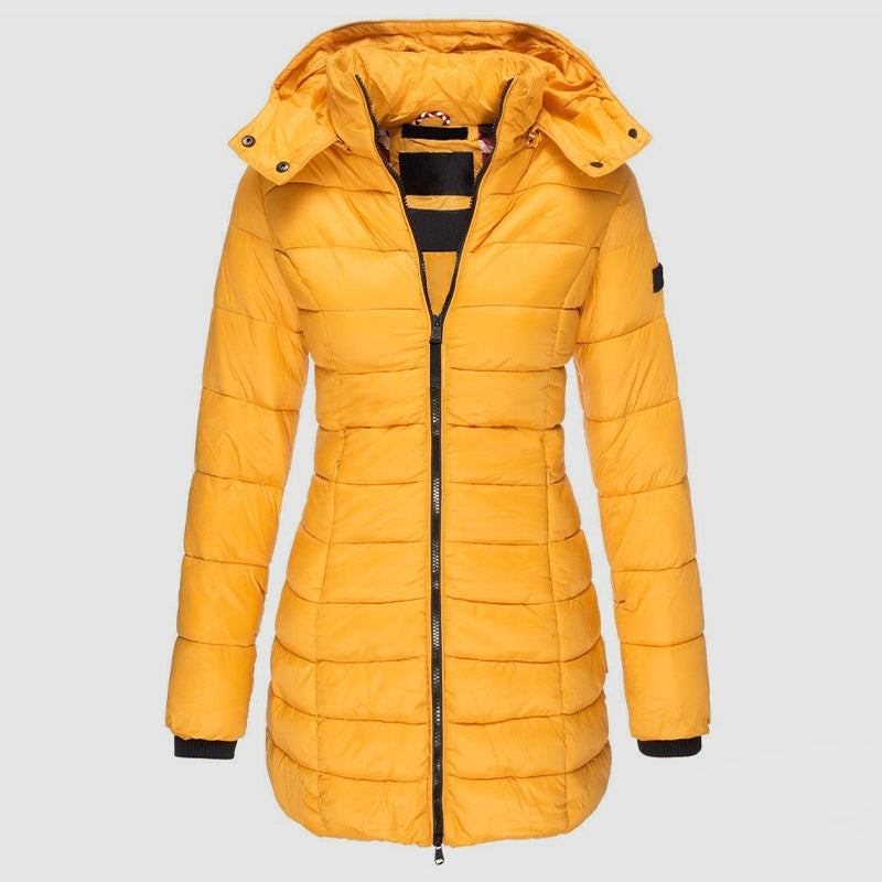 Lange Damenpufferjacke Slim Fit Kapuze - IdealeKleiden