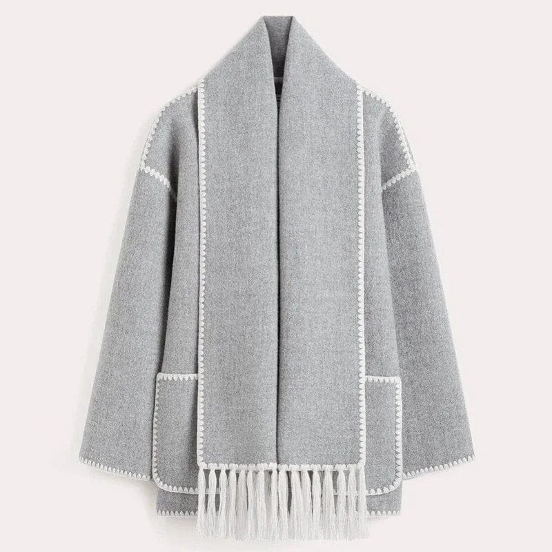 Stylische Wollmantel Damen Kontrast Besatz