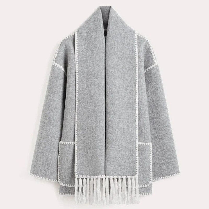Stylische Wollmantel Damen Kontrast Besatz