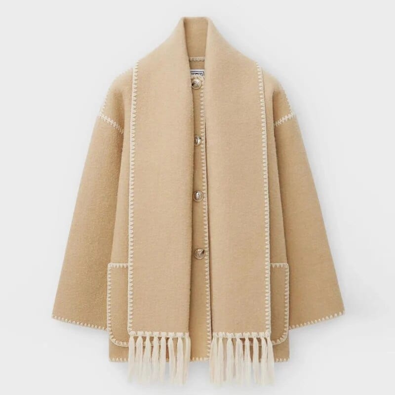 Stylische Wollmantel Damen Kontrast Besatz