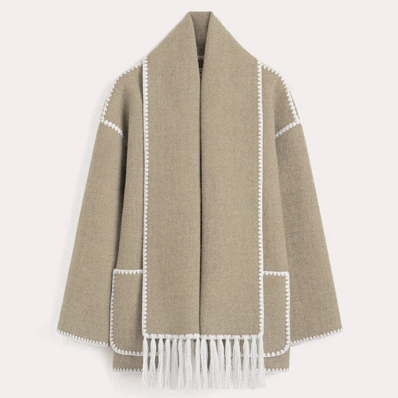 Stylische Wollmantel Damen Kontrast Besatz