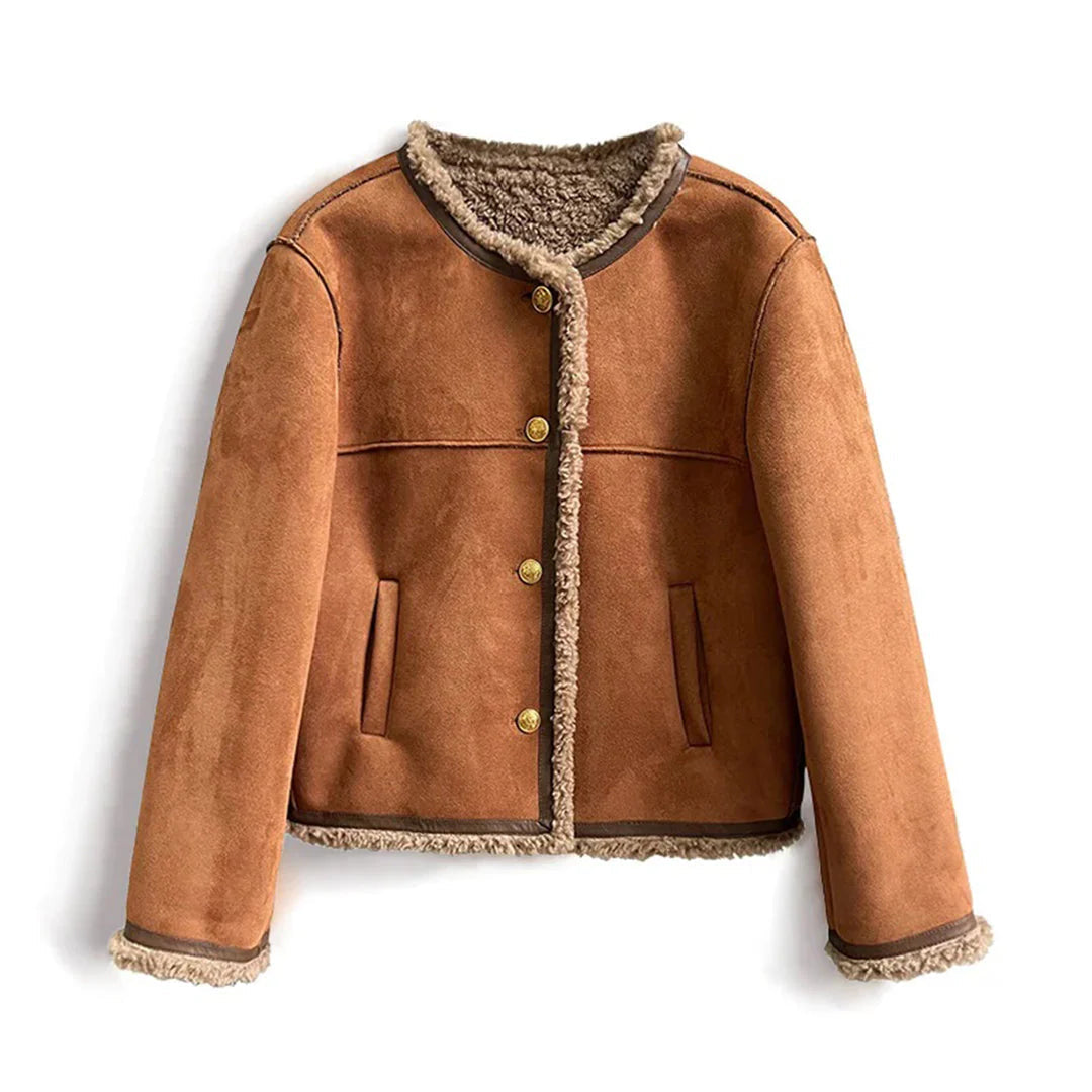 Kurze Wildlederjacke Gefüttert Gemütlich Knöpfte Oberbekleidung