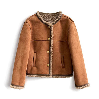 Kurze Wildlederjacke Gefüttert Gemütlich Knöpfte Oberbekleidung