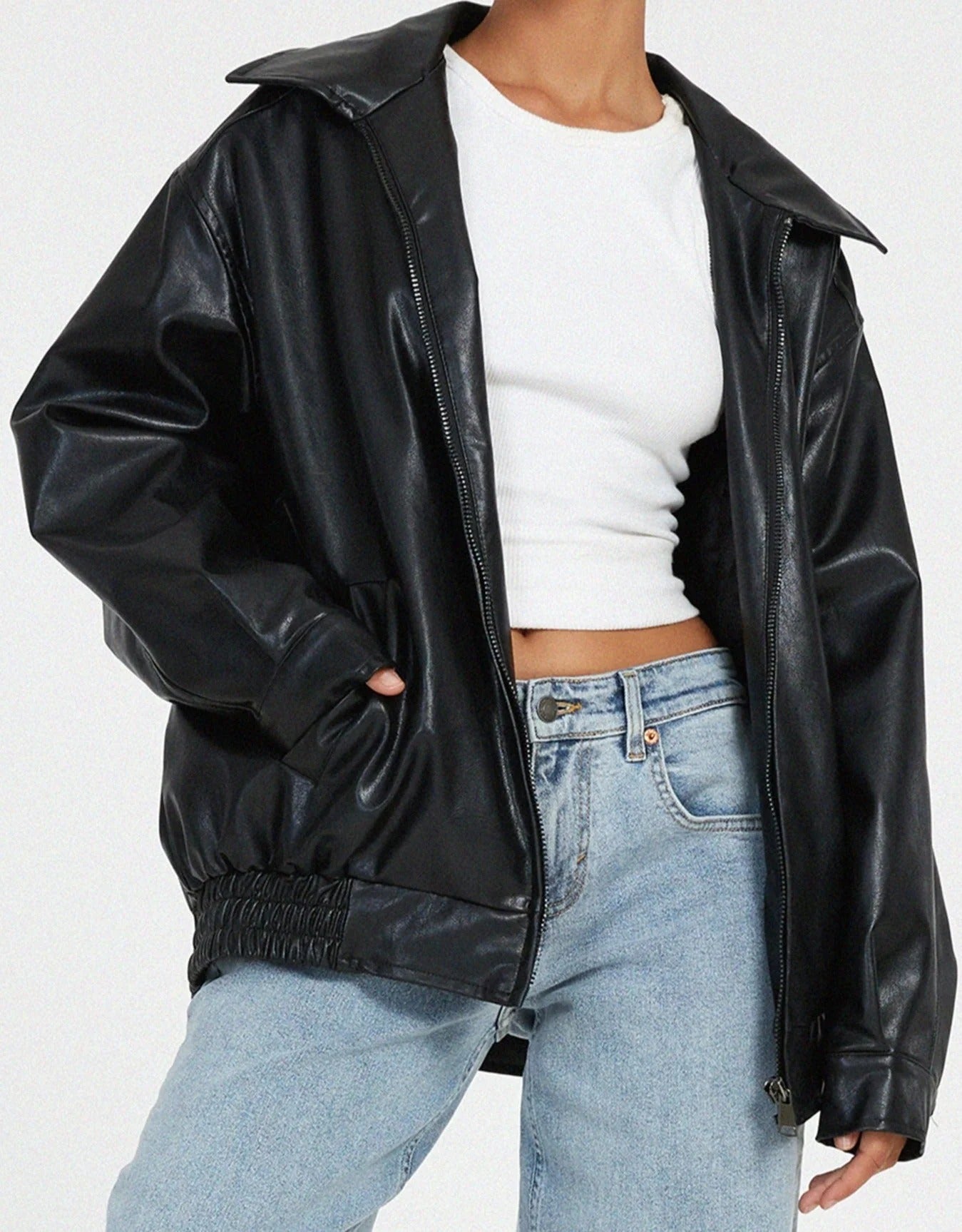 Große Lederjacke Streetwear Style Reißverschluss