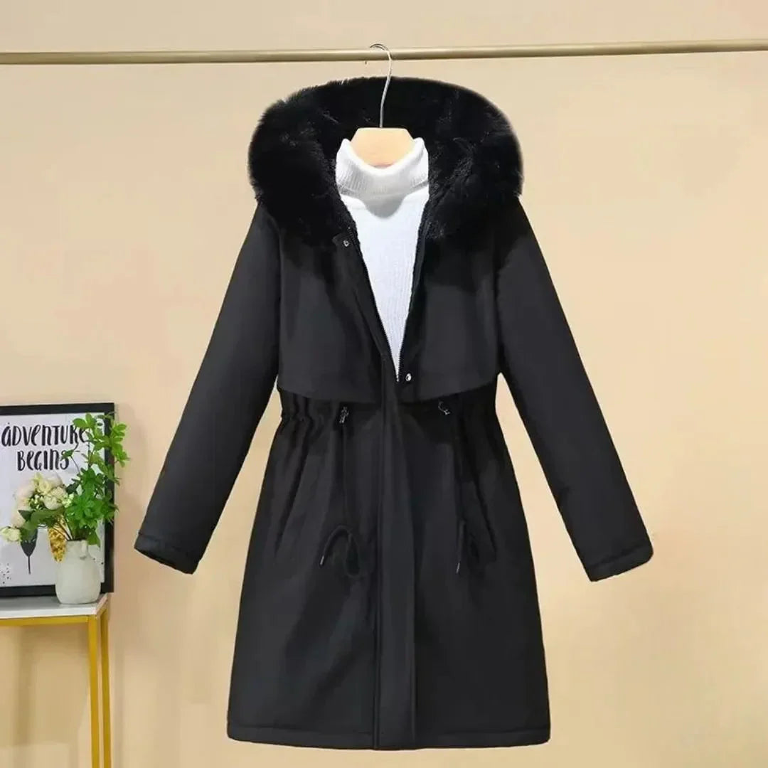 Eleganter Wintermantel Lang Kunstfell Kapuze