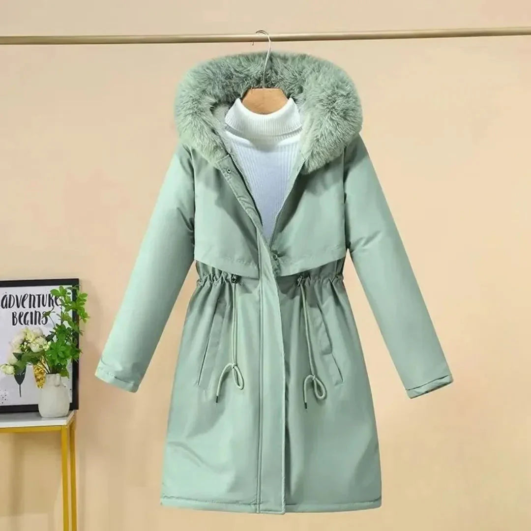 Eleganter Wintermantel Lang Kunstfell Kapuze